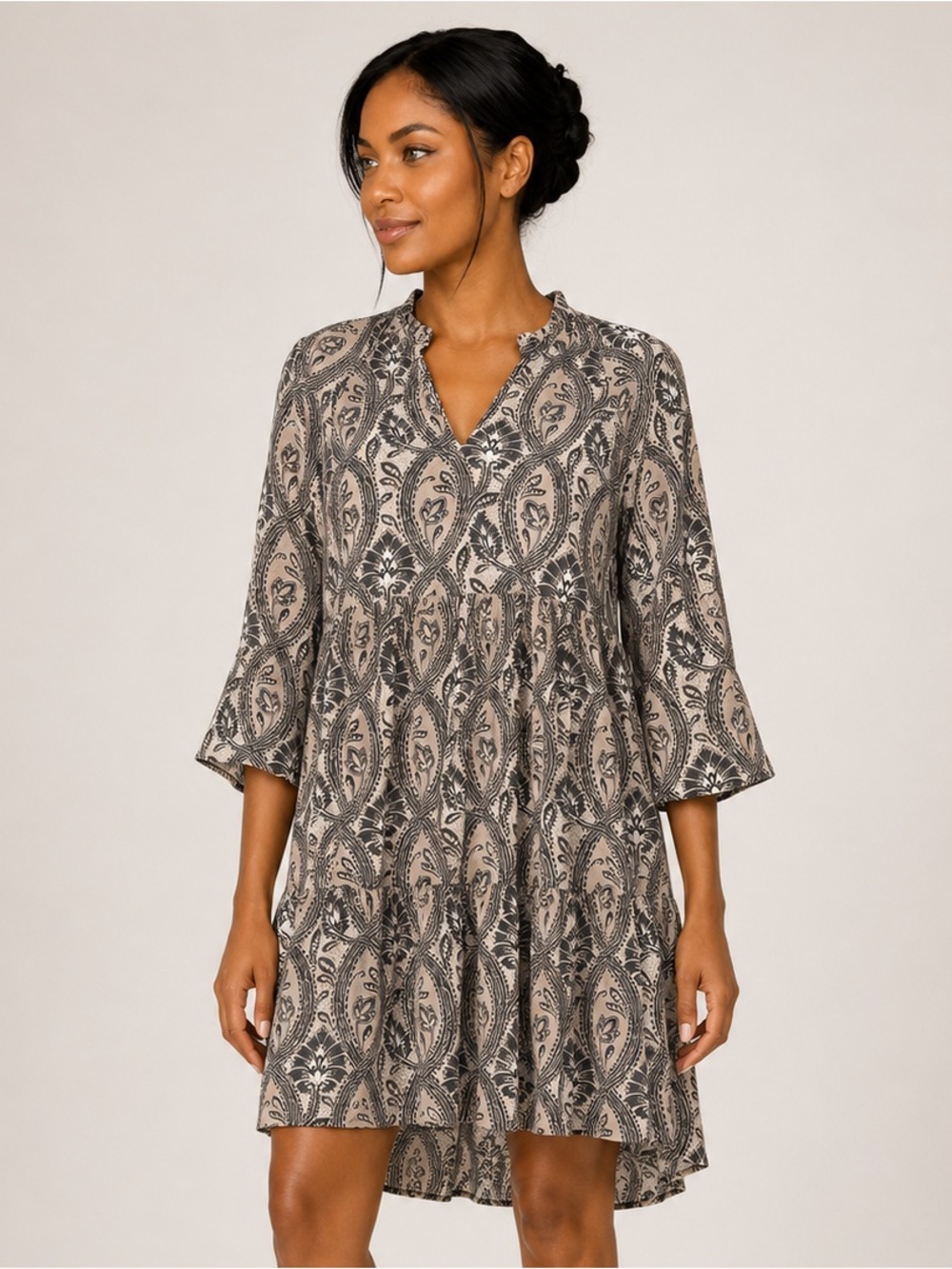 Spartina 449 Paisley V-Neck Tiered Mini Dress Cream Brown Boho Size M